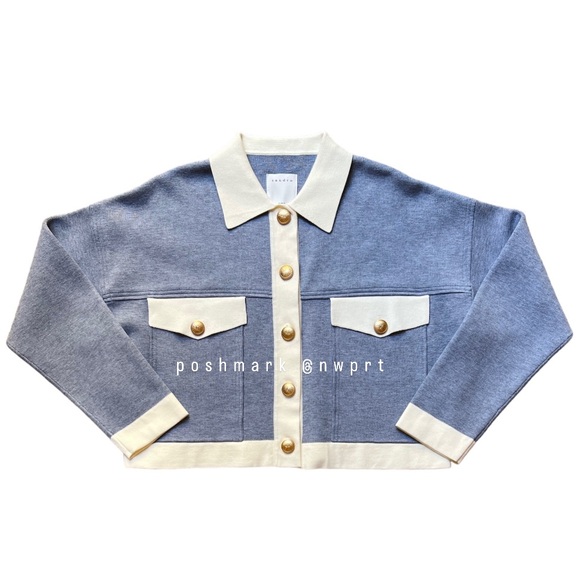 SANDRO Cher Coatigan Cardigan Jacket Sweater Top Bleu Ciel Blue White 0 XS - Picture 4 of 14